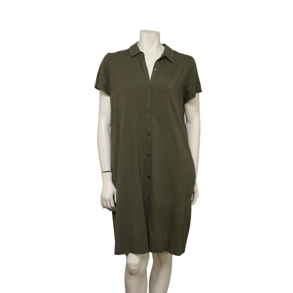 NWT J. Jill Kale Green Knit Button Up Short Sleeve T-Shirt Dress Pockets Size L
